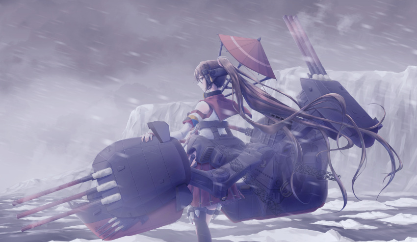 1girl absurdres blizzard brown_eyes brown_hair cannon cherry_blossoms detached_sleeves flower hair_flower hair_ornament headgear highres hip_vent huge_filesize junk_life kantai_collection long_hair miniskirt oil-paper_umbrella outdoors pleated_skirt ponytail red_skirt red_umbrella rigging shell single_thighhigh skirt smokestack solo thigh-highs thigh_strap turret umbrella very_long_hair yamato_(kancolle) z_flag