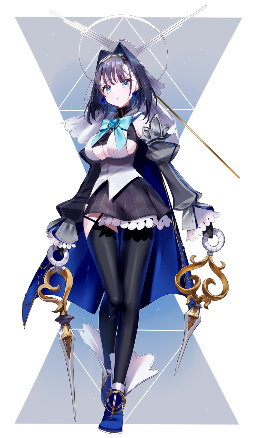 1girl absurdres bangs bare_shoulders black_gloves black_legwear blue_cape blue_eyes blue_footwear blue_hair bow bow_earrings breasts cape chain cleavage_cutout clock clock_hands clothing_cutout detached_sleeves earrings full_body gloves hair_intakes halo head_chain high_heels highres holding holding_weapon hololive hololive_english jewelry large_breasts looking_at_viewer mechanical_halo miniskirt misumi_(macaroni) ouro_kronii ribbon_earrings shiny shiny_hair shirt short_hair skirt sleeveless sleeveless_shirt solo striped thigh-highs underboob_cutout vertical_stripes virtual_youtuber weapon zettai_ryouiki