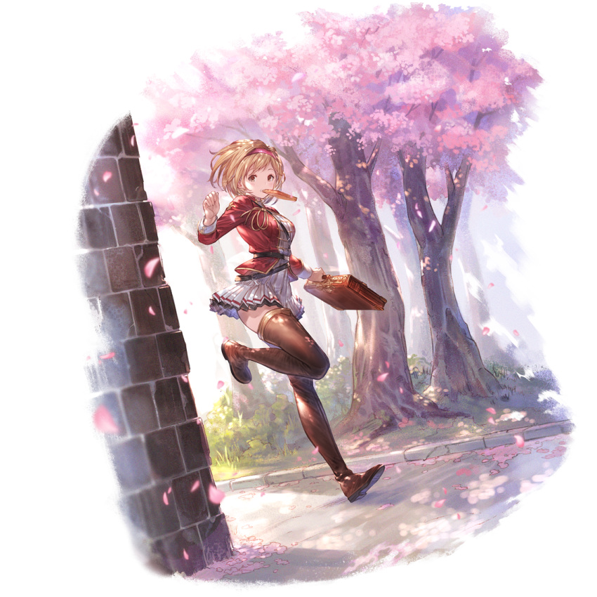 1girl bag bangs belt blonde_hair boots bread_slice brick_wall brown_footwear cherry_blossoms djeeta_(granblue_fantasy) dress food_in_mouth full_body granblue_fantasy hairband holding holding_bag looking_at_viewer official_alternate_costume official_art outdoors pleated_dress running school_bag school_uniform short_hair solo thigh-highs thigh_boots transparent_background tree white_dress yellow_eyes