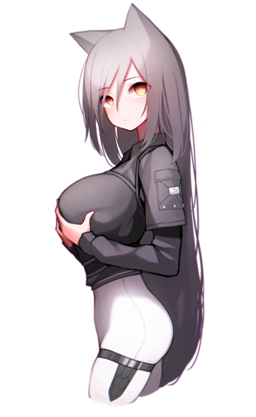 1girl absurdres arknights beudelb black_shirt breast_squeeze breasts commentary cowboy_shot cropped_legs from_side grabbing_own_breast hair_between_eyes highres korean_commentary large_breasts long_hair looking_at_viewer no_tail official_alternate_costume pantyhose schwarz_(arknights) schwarz_(skyline)_(arknights) shirt solo thigh_strap very_long_hair white_background white_legwear yellow_eyes