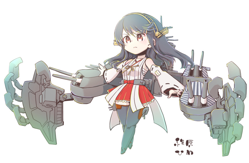 1girl armor_girls_project black_hair boots brown_eyes camouflage cannon dazzle_paint detached_sleeves full_body hair_ornament hairband hairclip haruna_(kancolle) headgear highres hime_(himesama_2c) japanese_clothes kantai_collection long_hair nontraditional_miko red_skirt remodel_(kantai_collection) ribbon-trimmed_sleeves ribbon_trim rigging sarashi skirt solo standing thigh-highs thigh_boots turret