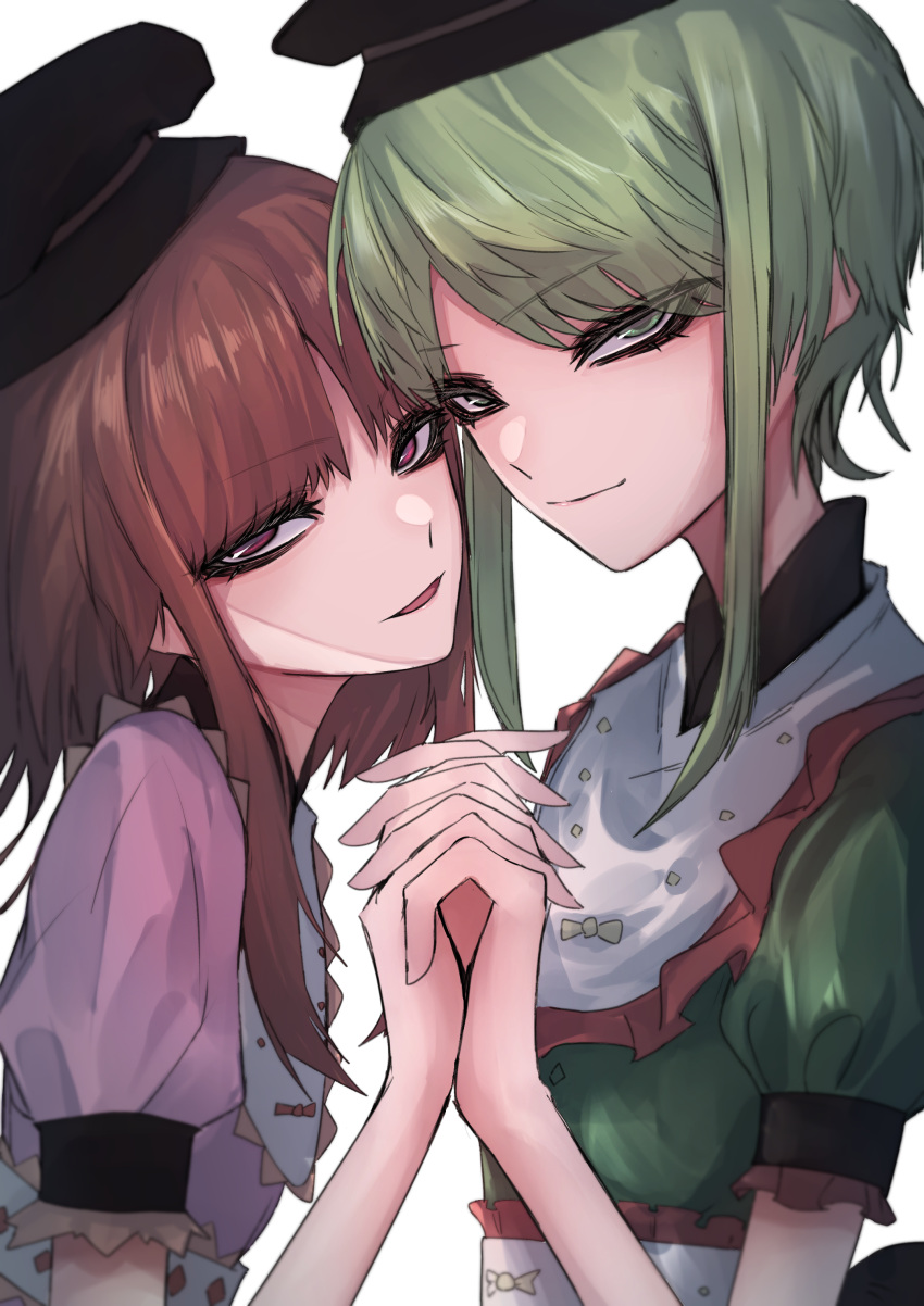2girls 33_gaff absurdres black_headwear bow brown_hair closed_mouth collar commentary_request eyeliner frills green_eyes green_hair hat highres holding_hands makeup medium_hair multiple_girls nishida_satono open_mouth short_hair short_sleeves simple_background smile teireida_mai touhou white_background