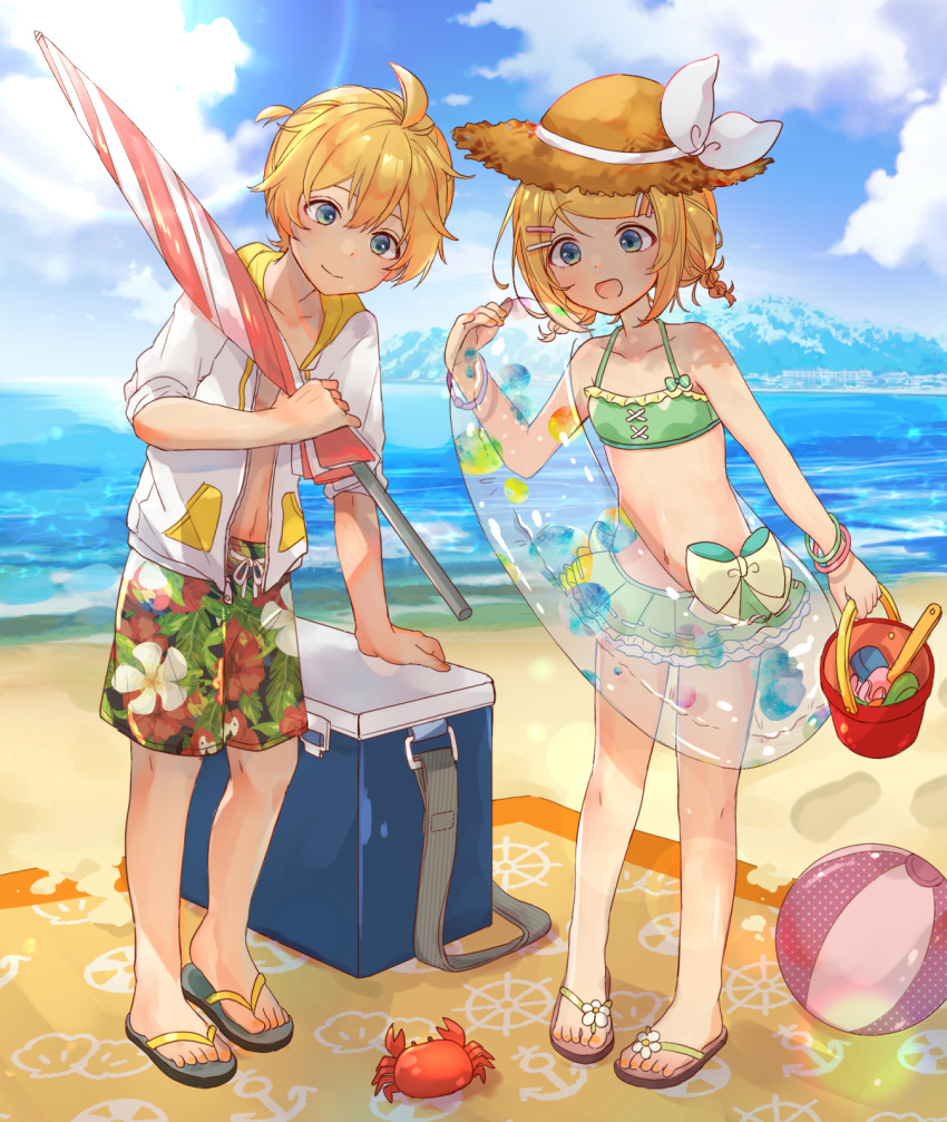 1boy 1girl anchor_print animal_print ball bangs beach beachball bikini blanket blonde_hair blue_eyes bow braid bucket clouds commentary cooler crab day fish_print floral_print footprints full_body green_bikini hair_ornament hairclip hat hat_bow highres hood hooded_jacket innertube island jacket kagamine_len kagamine_rin lens_flare navel ocean open_mouth outdoors parasol sazanami_(ripple1996) see-through short_hair shorts smile standing straw_hat summer sun_hat swept_bangs swimsuit symbol-only_commentary umbrella vocaloid wheel_print white_bow white_jacket