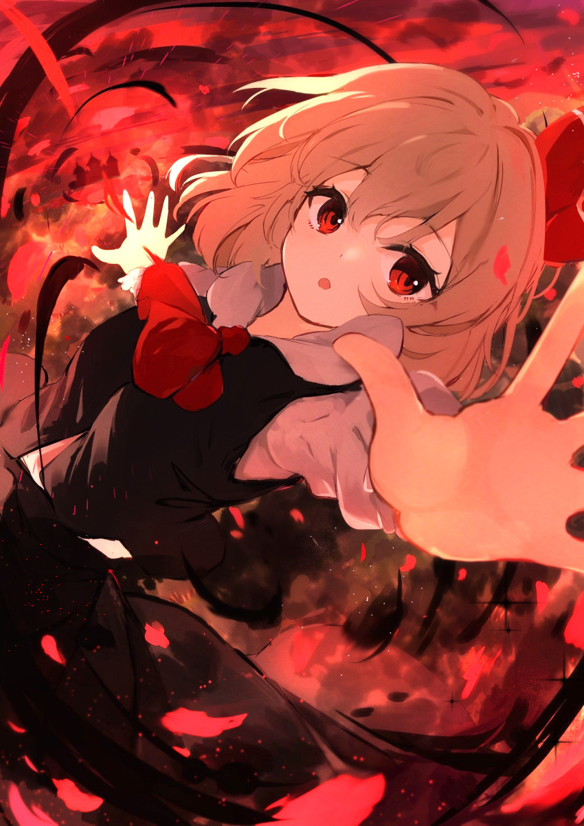 1girl ascot black_skirt black_vest blonde_hair collared_shirt eyebrows_visible_through_hair hair_between_eyes hair_ribbon highres hunya looking_at_viewer open_mouth outstretched_arms red_eyes red_neckwear red_ribbon ribbon rumia shirt short_hair skirt solo spread_arms touhou vest white_shirt
