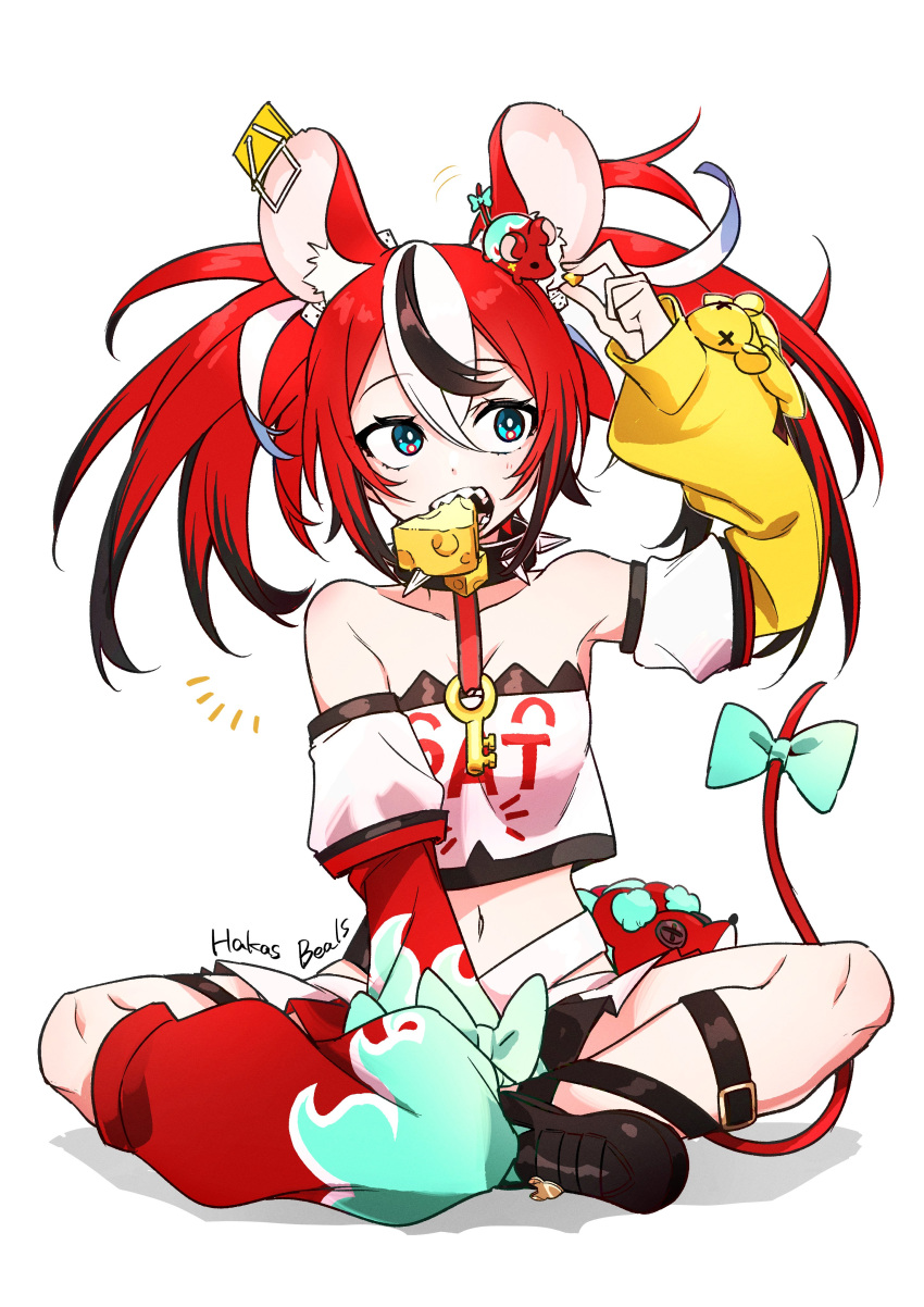 aaanecooo absurdres animal_ears bare_shoulders black_hair blue_eyes breasts cheese collar detached_sleeves food hakos_baelz highres hololive hololive_english indian_style key kneehighs leg_strap midriff mouse_ears mousetrap mr._squeaks_(hakos_baelz) navel open_mouth redhead sharp_teeth sitting spiked_collar spikes stuffed_toy teeth twintails virtual_youtuber white_hair