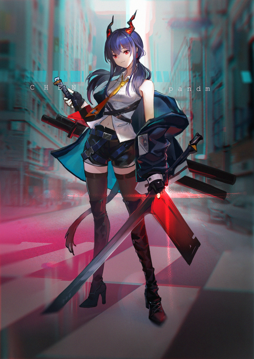 1girl arknights artist_name belt black_footwear black_gloves black_legwear black_shorts blue_coat blue_hair boots car ch'en_(arknights) character_name chinese_commentary chromatic_aberration city closed_mouth coat commentary_request crosswalk dragon_horns dragon_tail eyebrows_visible_through_hair fingerless_gloves full_body gloves ground_vehicle highres holding holding_sword holding_weapon horns midriff_peek motor_vehicle navel necktie off_shoulder open_clothes open_coat outdoors pandm red_eyes shirt shorts smile solo standing sword tail thigh-highs thigh_boots twintails weapon white_shirt yellow_neckwear