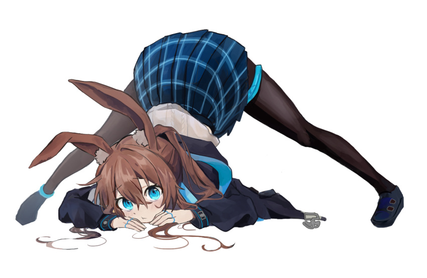 :t amiya_(arknights) animal_ear_fluff animal_ears arknights black_jacket black_legwear blue_eyes blue_footwear blue_skirt brown_hair commentary eyebrows_visible_through_hair full_body hair_between_eyes jacket jewelry light_blush long_hair looking_at_viewer multiple_rings pantyhose plaid plaid_skirt pleated_skirt ponytail qls rabbit_ears ring shirt shoes simple_background skirt symbol-only_commentary thigh_strap top-down_bottom-up white_background white_shirt