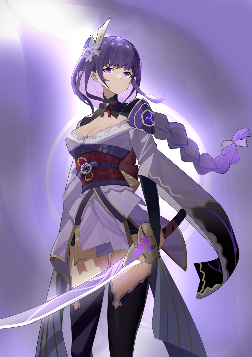 1girl absurdres armor bangs braid bridal_gauntlets coattails commentary_request floral_print flower genshin_impact hair_ornament highres holding holding_sword holding_weapon japanese_clothes kimono long_hair long_sleeves looking_at_viewer mitsudomoe_(shape) mole mole_under_eye obi obiage obijime purple_flower purple_hair purple_nails raiden_shogun sash shoulder_armor solo sword tasuku_isa_isa thigh-highs tomoe_(symbol) violet_eyes weapon wide_sleeves