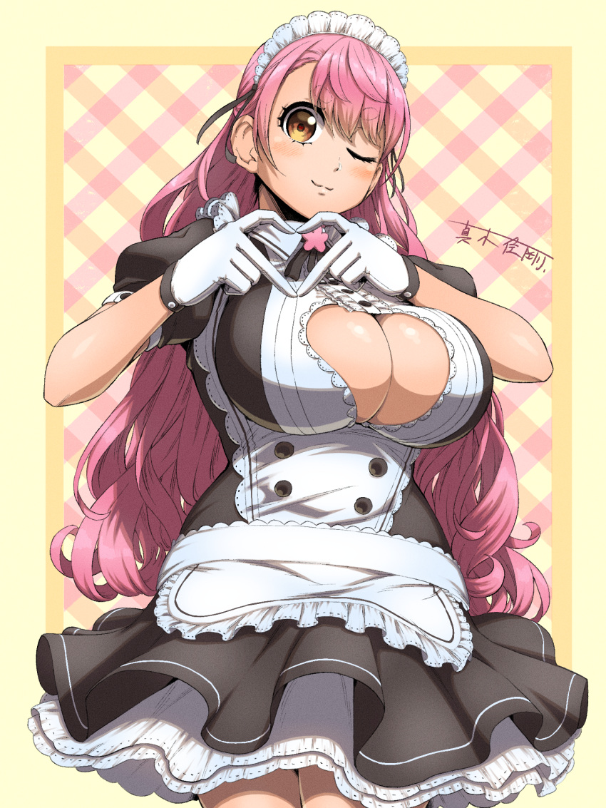 1girl aizono_manami apron bangs black_ribbon breasts checkered checkered_background cleavage_cutout closed_mouth clothing_cutout curly_hair eyebrows_visible_through_hair gloves hair_ribbon heart heart_cutout heart_hands highres huge_breasts light_smile long_hair looking_at_viewer maid maid_apron maid_headdress maki_yoshitake multicolored multicolored_background nijisanji one_eye_closed orange_eyes pink_hair puffy_short_sleeves puffy_sleeves ribbon short_eyebrows short_sleeves solo thick_eyebrows virtual_youtuber white_gloves