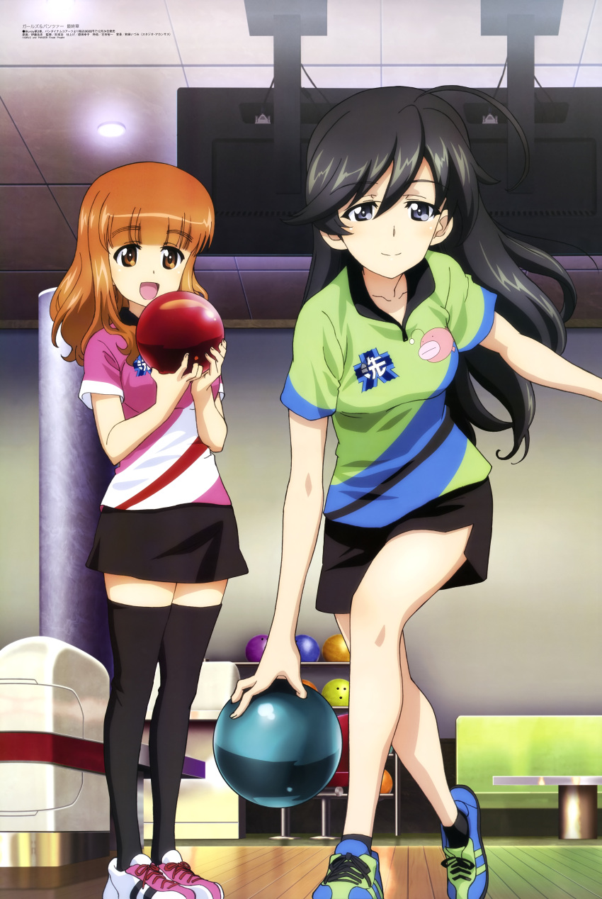 2girls absurdres ball black_hair black_skirt blue_footwear bowling bowling_ball brown_eyes copyright_name eyebrows_visible_through_hair full_body girls_und_panzer grey_eyes highres indoors isuzu_hana itou_takeshi magazine_scan megami_magazine multiple_girls official_art orange_hair pink_footwear scan shoes skirt sportswear takebe_saori television thigh-highs uniform zettai_ryouiki