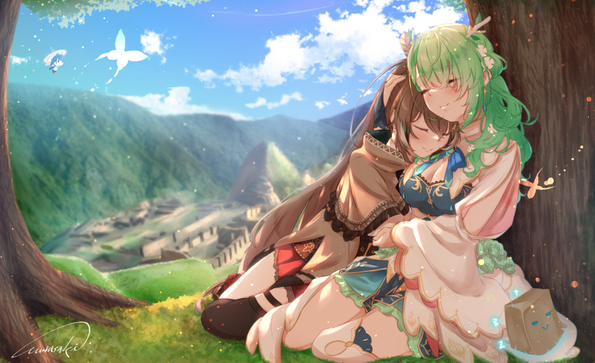 absurdres against_tree blue_hair breasts brown_hair bug butterfly ceres_fauna cloak closed_eyes earrings flower flying friend_(nanashi_mumei) green_hair green_nails hair_flower hair_ornament highres hololive hololive_english hug jewelry large_breasts long_hair mountain nanashi_mumei ouro_kronii purple_(jobseeking) signature single_thighhigh skirt smile thigh-highs tree yuri