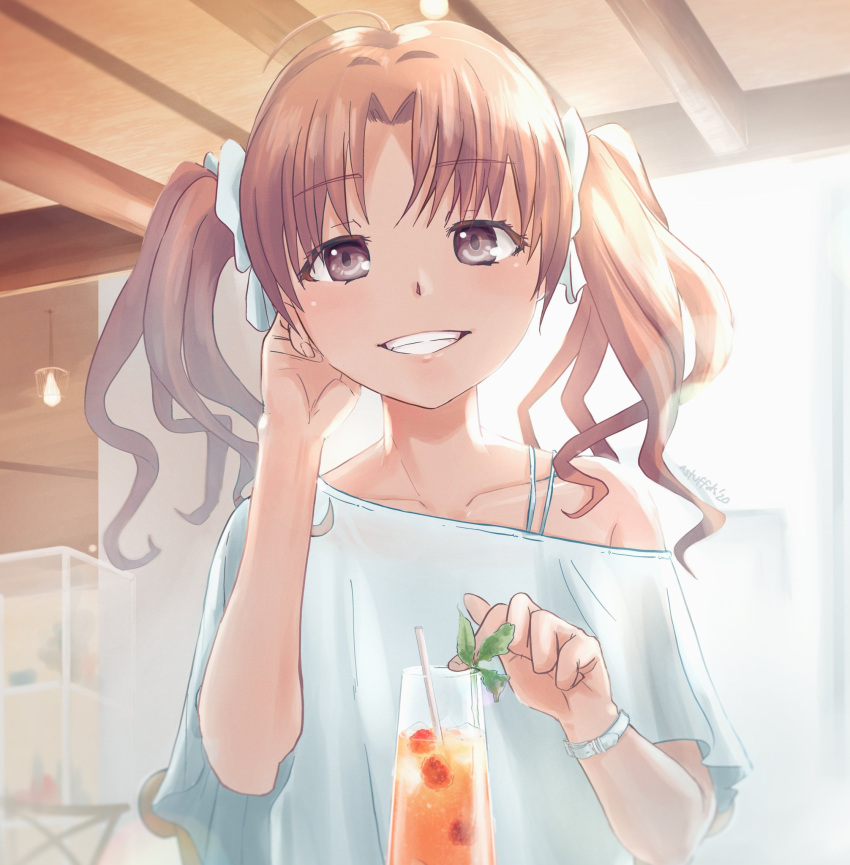 1girl ahoge astuffds bare_shoulders bow brown_eyes brown_hair cafe ceiling cocktail collarbone cup drink drinking_glass drinking_straw eyebrows_visible_through_hair hair_bow hand_on_own_cheek hand_on_own_face highres indoors light_rays looking_at_viewer off-shoulder_shirt off_shoulder pov_across_table restaurant shirai_kuroko shirt signature smile sunbeam sunlight toaru_kagaku_no_railgun toaru_majutsu_no_index watch white_bow white_shirt