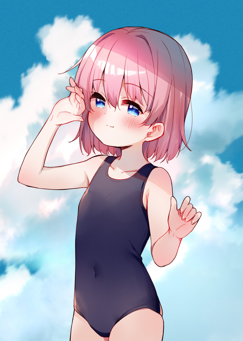 1girl bangs bare_arms bare_shoulders black_swimsuit blue_eyes blue_sky blush closed_mouth clouds cloudy_sky collarbone commentary_request covered_navel day eyebrows_visible_through_hair hair_between_eyes hand_up highres looking_at_viewer meito_(maze) one-piece_swimsuit original outdoors pink_hair school_swimsuit sky smile solo swimsuit