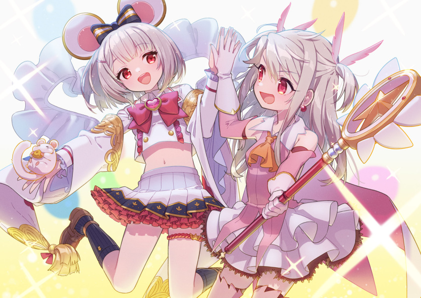 2girls :d animal animal_ears ascot bangs blunt_bangs brooch brown_footwear crossover eyebrows_visible_through_hair fate/kaleid_liner_prisma_illya fate_(series) frilled_skirt frills gloves granblue_fantasy heart highres holding holding_staff illyasviel_von_einzbern jewelry long_hair looking_at_another magical_girl magical_ruby midriff mouse mouse_ears multiple_girls navel open_mouth orange_neckwear prisma_illya red_eyes shoes short_hair skirt smile socks staff uchako vikala_(granblue_fantasy) white_gloves white_hair white_skirt