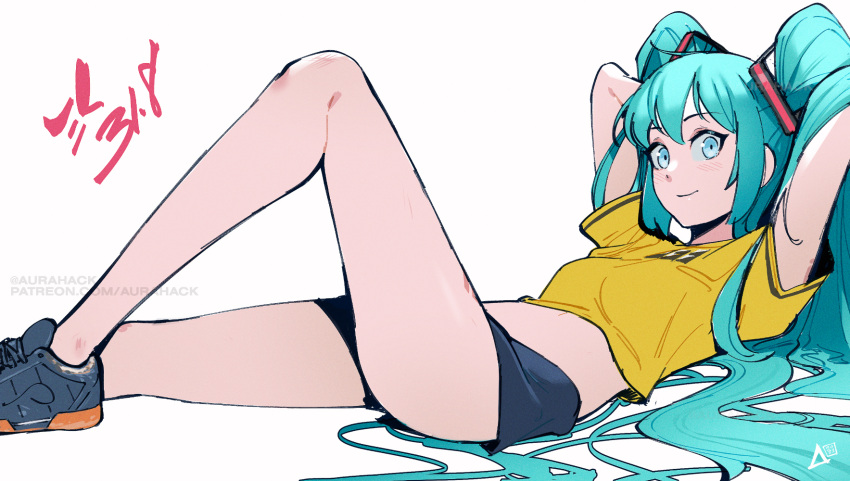 aqua_hair arms_behind_head aurahack bare_legs black_footwear blue_eyes blush breasts crop_top dated english_commentary hair_ornament hatsune_miku highres leg_up long_hair lying on_back petite shirt shoes shorts small_breasts smile sneakers t-shirt twintails very_long_hair vocaloid yellow_shirt