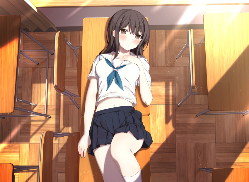 1girl aqua_neckwear bangs black_skirt blush breasts brown_background brown_eyes brown_hair chair classroom closed_mouth commentary_request curtains day desk dot_mouth echiru39 eyebrows_visible_through_hair from_above hand_on_own_chest hand_up highres indoors knee_up kneehighs light_rays long_hair looking_at_viewer lying medium_breasts midriff miniskirt navel neckerchief on_back on_desk original pleated_skirt school_chair school_desk school_uniform serafuku shiny shiny_hair shirt short_sleeves skirt solo stomach sunlight white_legwear white_shirt wooden_floor