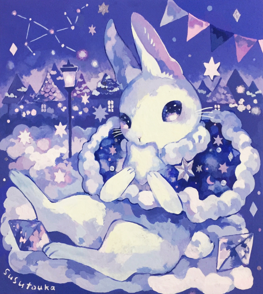 1other acrylic_paint_(medium) animal_ears animal_feet animal_hands artist_name blank_eyes blue_capelet blue_eyes blush body_fur capelet clouds commentary_request constellation covering_mouth crescent crystal diamond_(shape) full_body fur-trimmed_capelet fur_trim furry hands_up highres holding house lamppost light_blush looking_at_viewer night on_cloud original other_focus outdoors painting_(medium) rabbit_ears rabbit_tail signature sitting solo string_of_flags susutouka tail traditional_media whiskers white_fur