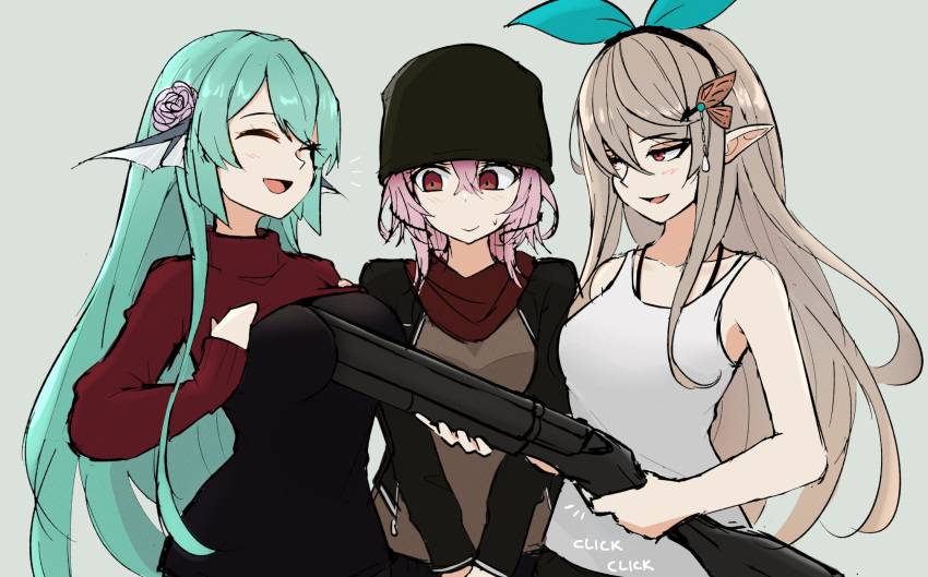 3girls ^_^ bangs beanie black_headwear black_sweater blonde_hair breast_suppress breasts closed_eyes english_commentary eyebrows_visible_through_hair finana_ryugu flower gun hair_flower hair_ornament hat head_fins highres holding holding_gun holding_weapon long_hair m_r_b medium_breasts multiple_girls nijisanji nijisanji_en phasmophobia pink_hair pointy_ears pomu_rainpuff red_scarf red_sweater rosemi_lovelock scarf shotgun smile sweater tank_top weapon white_tank_top