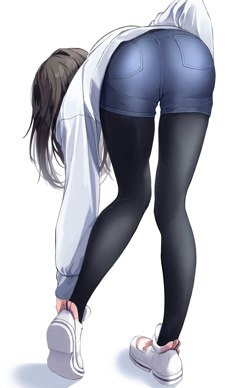 1girl ass bent_over black_hair black_legwear blue_shorts denim denim_shorts fine_fabric_emphasis from_behind highres long_hair long_sleeves original pantyhose seero shoes shorts solo standing sweater white_footwear white_sweater