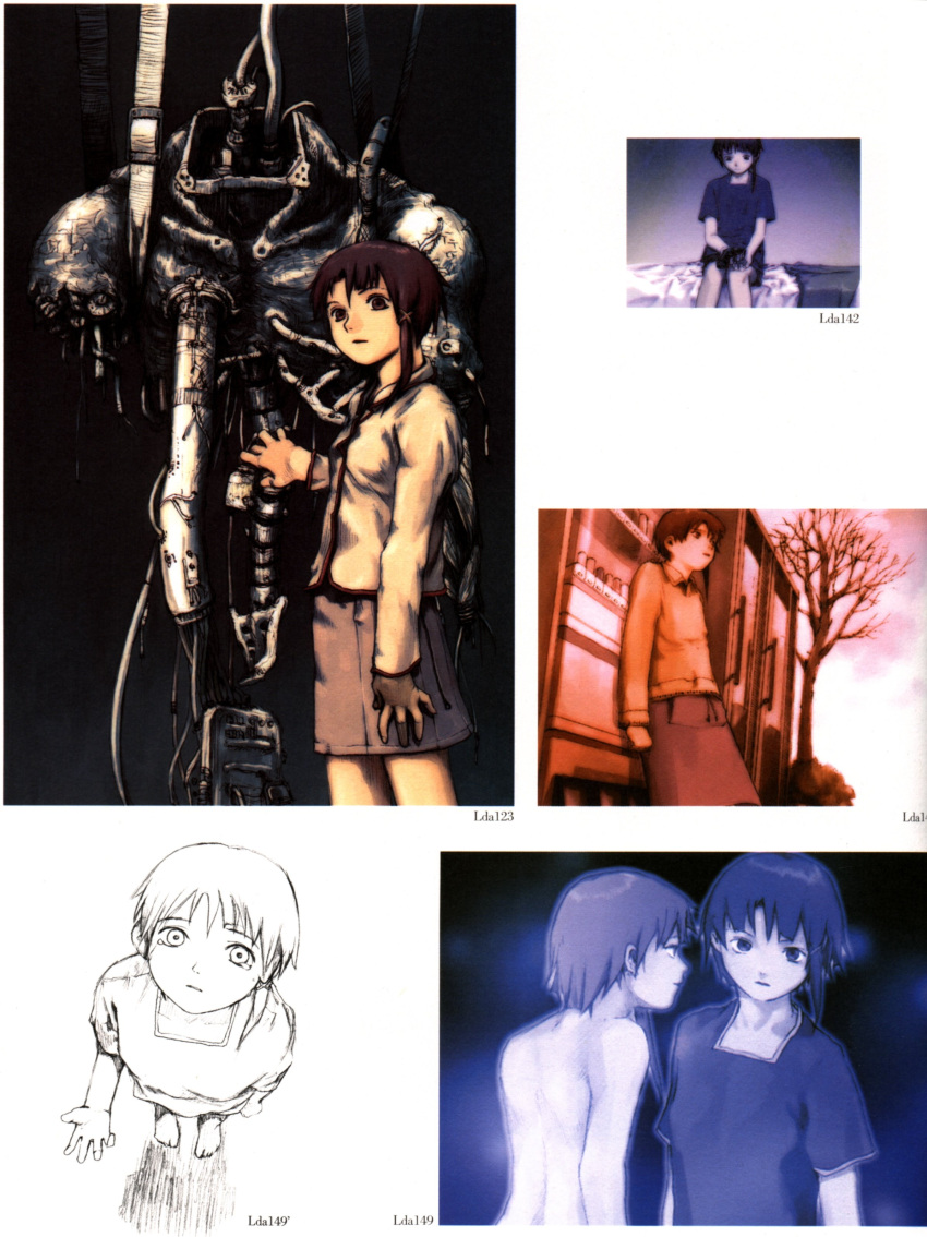 abe_yoshitoshi absurdres artbook bed brown_eyes brown_hair dual_persona dusk from_above highres iwakura_lain machine monochrome nude official_art scan serial_experiments_lain short_hair sitting sketch skirt tears traditional_media tree vending_machine yoshitoshi_abe