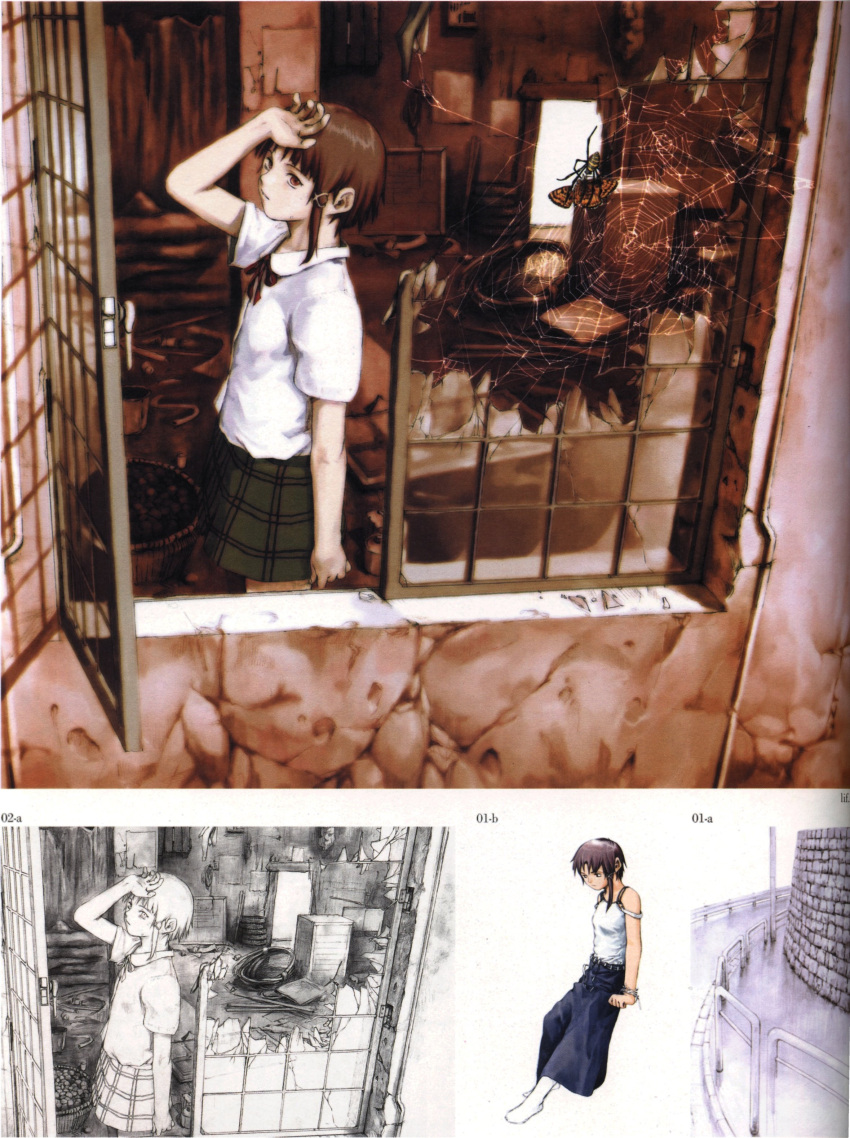 abe_yoshitoshi absurdres artbook broken broken_glass brown_eyes brown_hair butterfly eating glass hand_on_head highres iwakura_lain looking_back monochrome official_art plaid plaid_skirt ruins scan serial_experiments_lain short_hair sketch skirt spider spider_web traditional_media window yoshitoshi_abe