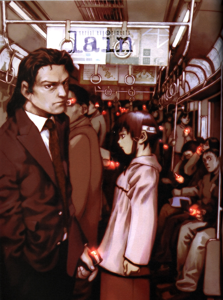 abe_yoshitoshi absurdres artbook bandages brown_eyes brown_hair cellphone highres hoodie iwakura_lain official_art phone profile scan serial_experiments_lain short_hair skirt train train_interior yoshitoshi_abe