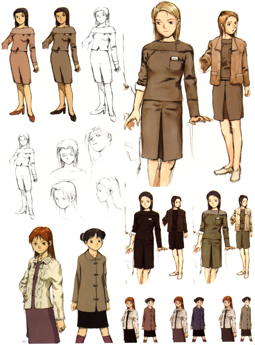 abe_yoshitoshi absurdres artbook brown brown_eyes brown_hair character_sheet coat costume_chart dress highres monochrome official_art scan serial_experiments_lain short_hair sketch sweater traditional_media yonera_touko yoshitoshi_abe