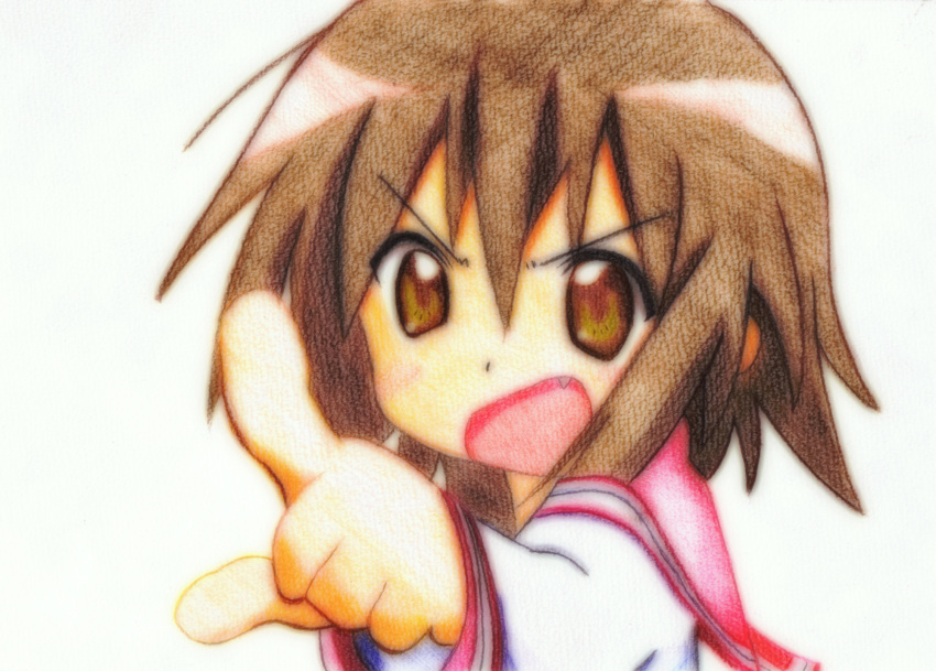 bad_id brown_hair color fang godees highres kusakabe_misao lucky_star multicolored_eyes open_mouth pointing school_uniform serafuku short_hair solo traditional_media white_background