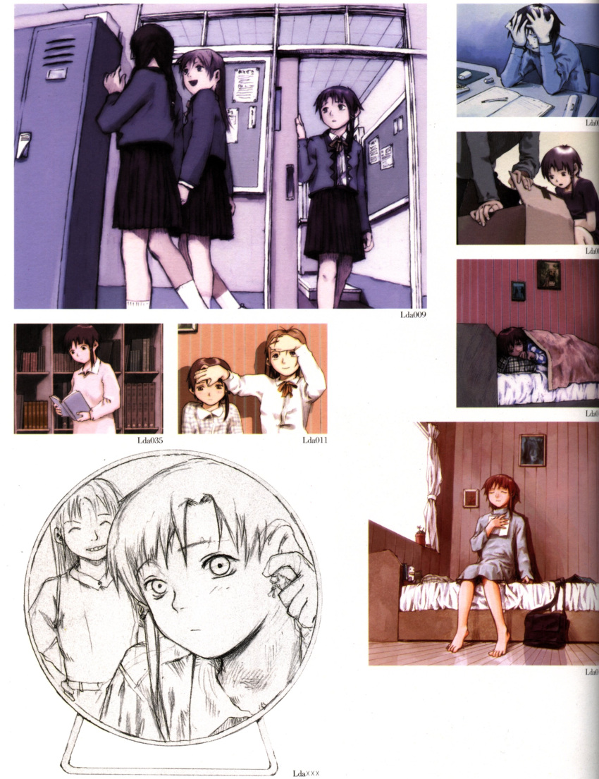abe_yoshitoshi absurdres artbook bag bed blanket blazer book box brown_eyes brown_hair cardboard_box chalkboard desk door dress earrings fever grin hand_on_another's_face hands_on_own_face highres iwakura_lain jewelry locker lying monochrome official_art pencil scan school school_bag school_uniform serial_experiments_lain shelf short_hair sitting sketch skirt smile studying traditional_media window yoshitoshi_abe