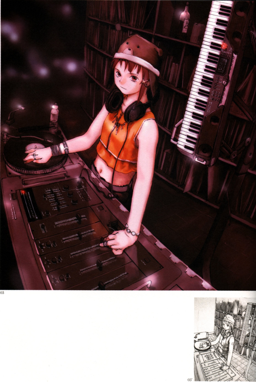 abe_yoshitoshi absurdres animal_ears artbook bear_ears bottle bracelet brown_eyes brown_hair dj hair_ornament hairclip hat headphones headphones_around_neck highres instrument iwakura_lain jewelry keyboard_(instrument) midriff mixer monochrome necklace official_art phonograph ring scan serial_experiments_lain sketch synthesizer traditional_media turntable yoshitoshi_abe