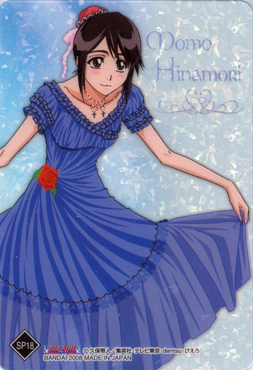 1girl bleach blue_dress blush brown_eyes bun_cover character_name closed_mouth dress dress_lift flower frills hair_bun highres hinamori_momo jewelry necklace official_art ribbon scan short_sleeves smile solo