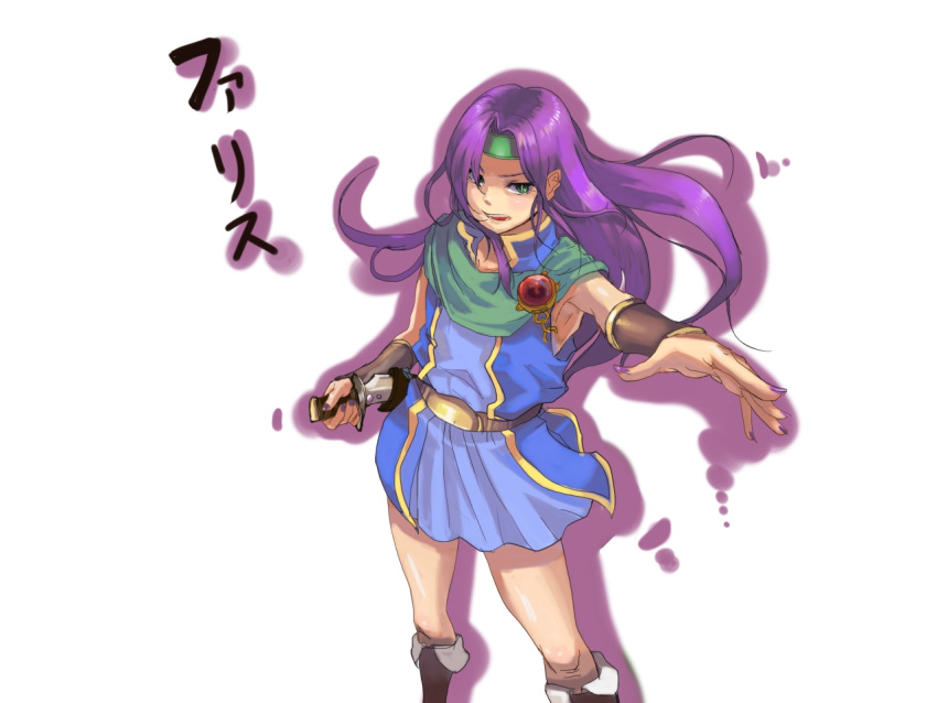 androgynous belt boots dagger faris_scherwiz female final_fantasy final_fantasy_v futomayu_ato green_eyes headband long_hair purple_hair reverse_trap skirt solo tani1988 wristband