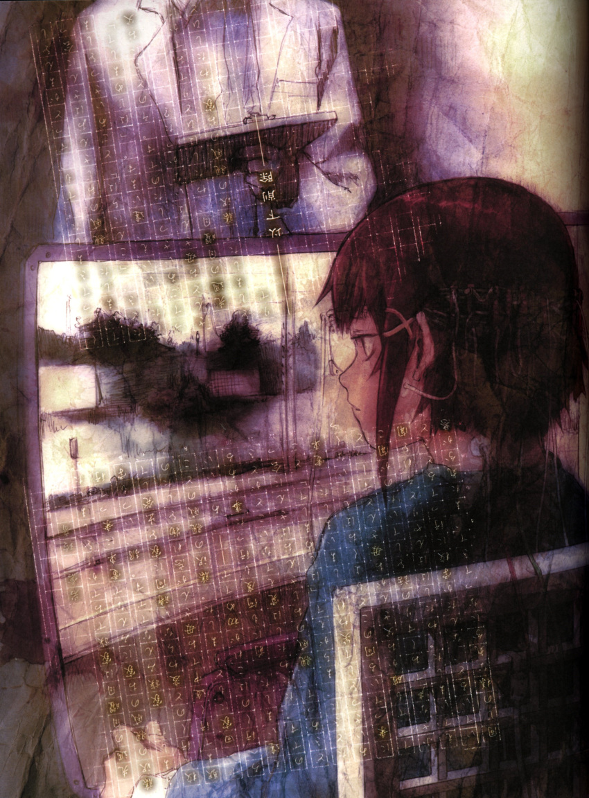 abe_yoshitoshi absurdres artbook backpack bag brown_eyes brown_hair chair clipboard from_behind highres iwakura_lain labcoat official_art scan screen serial_experiments_lain short_hair sitting yoshitoshi_abe