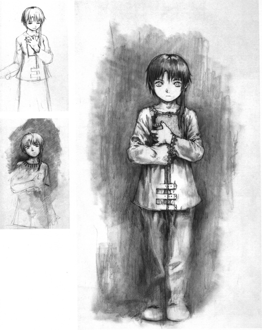 abe_yoshitoshi absurdres artbook highres iwakura_lain monochrome official_art scan serial_experiments_lain sketch traditional_media yoshitoshi_abe