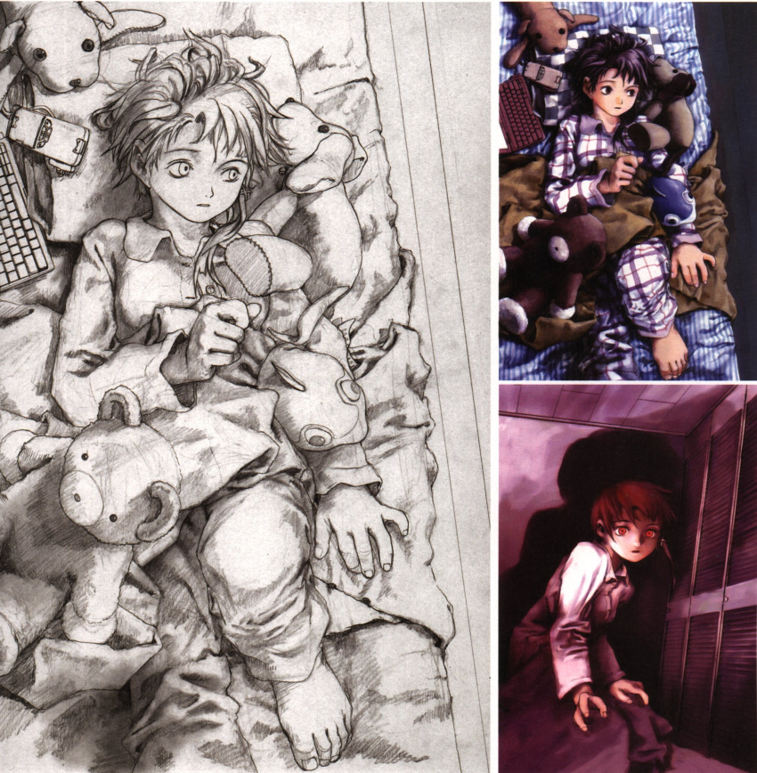 abe_yoshitoshi artbook asymmetrical_hair bed brown_eyes brown_hair cellphone checkered computer door highres iwakura_lain laptop looking_back lying monochrome official_art pajamas phone plaid red_eyes scan serial_experiments_lain shadow short_hair sketch squatting striped stuffed_animal stuffed_toy teddy_bear traditional_media yoshitoshi_abe