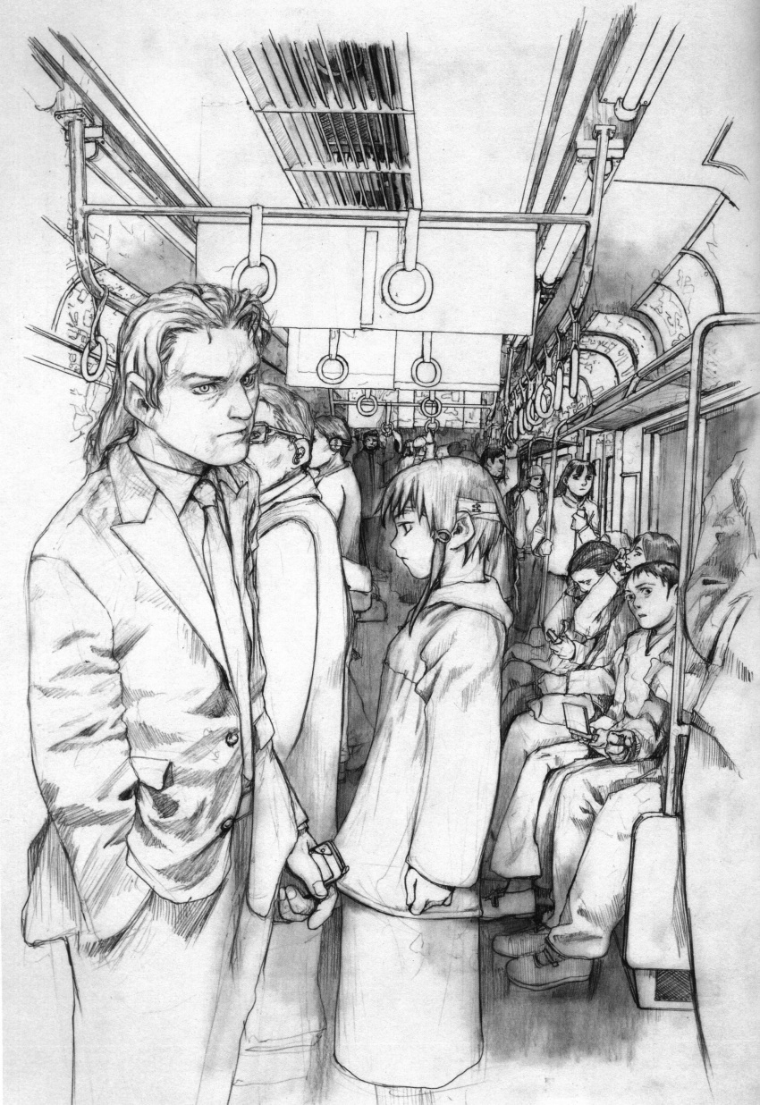 abe_yoshitoshi absurdres artbook bandages cellphone highres hoodie iwakura_lain monochrome official_art phone profile scan serial_experiments_lain short_hair sketch skirt traditional_media train train_interior yoshitoshi_abe