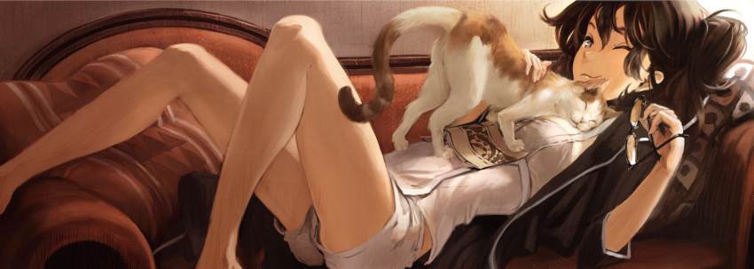book cat couch glasses highres holding holding_glasses legs lips long_legs lying on_back original qni side_ponytail smile solo wink