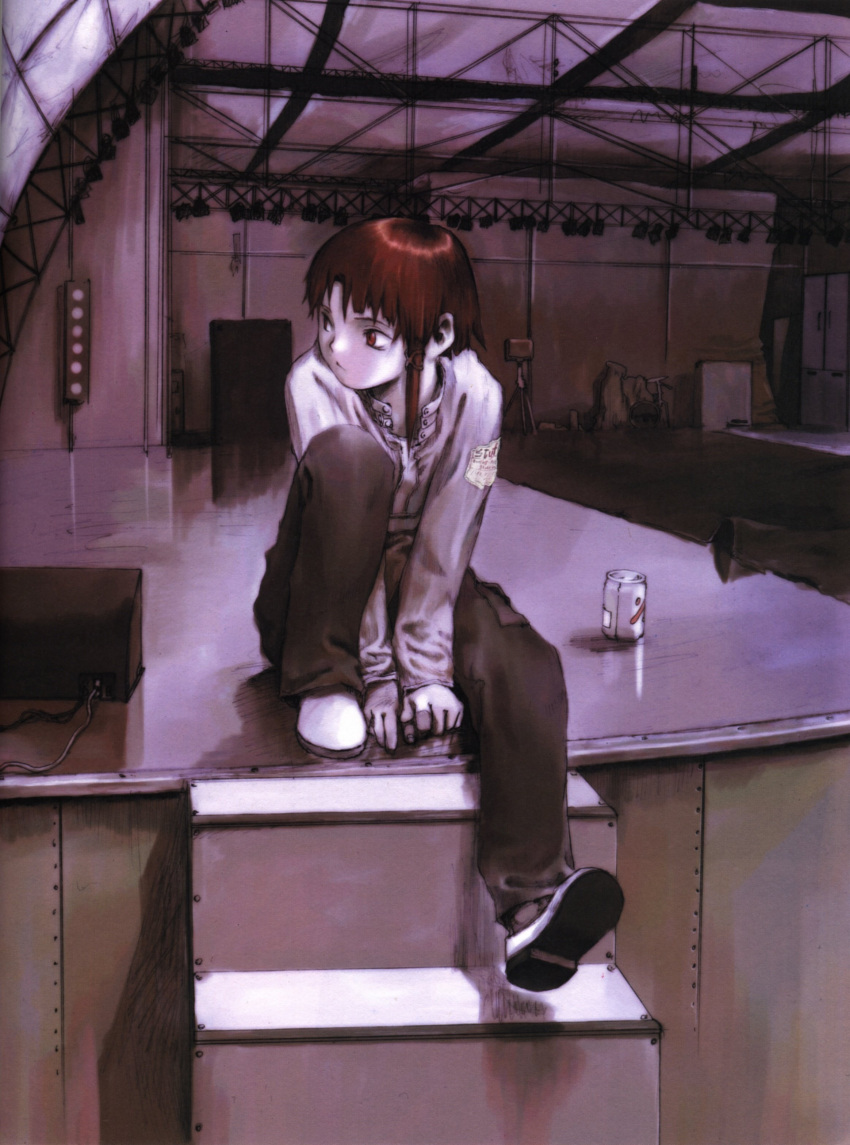 :&lt; abe_yoshitoshi absurdres artbook brown_eyes brown_hair can casual drink drum drum_set highres instrument iwakura_lain looking_back official_art scan serial_experiments_lain short_hair sitting speaker stage stage_lights stairs yoshitoshi_abe