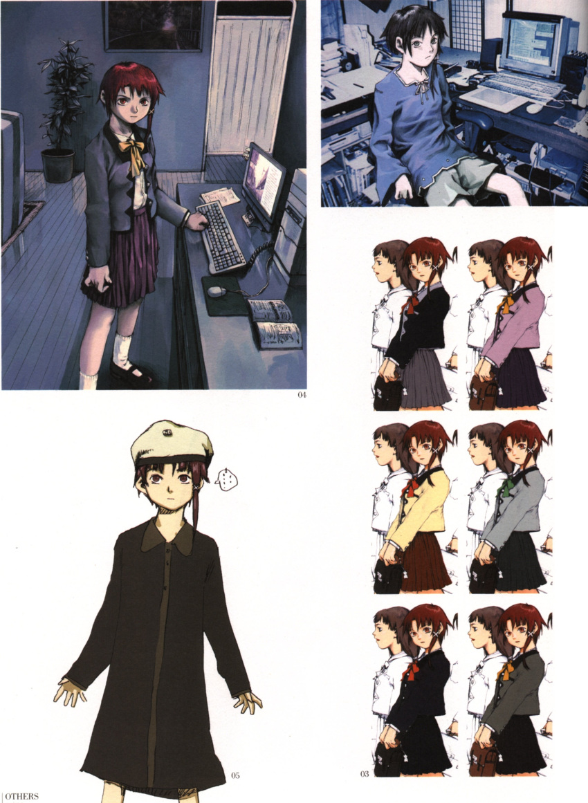 abe_yoshitoshi absurdres artbook bag book brown_eyes brown_hair chair character_sheet computer computer_keyboard computer_mouse desk dress hat highres iwakura_lain office_chair official_art plant playstation scan school_bag school_uniform serial_experiments_lain short_hair shorts sitting skirt yoshitoshi_abe