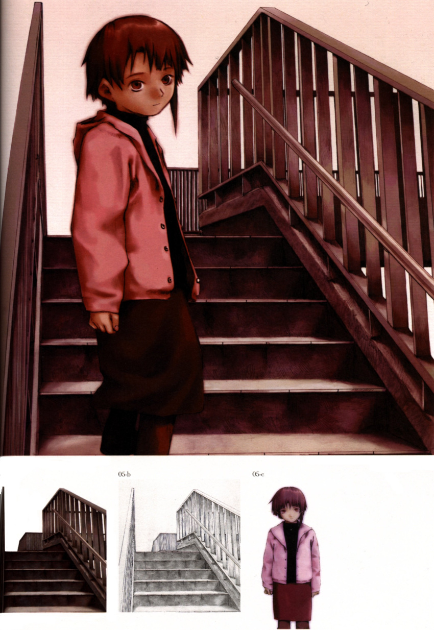 abe_yoshitoshi absurdres artbook brown_eyes brown_hair from_below highres iwakura_lain jacket looking_down monochrome official_art railing scan serial_experiments_lain short_hair sketch skirt stairs traditional_media yoshitoshi_abe