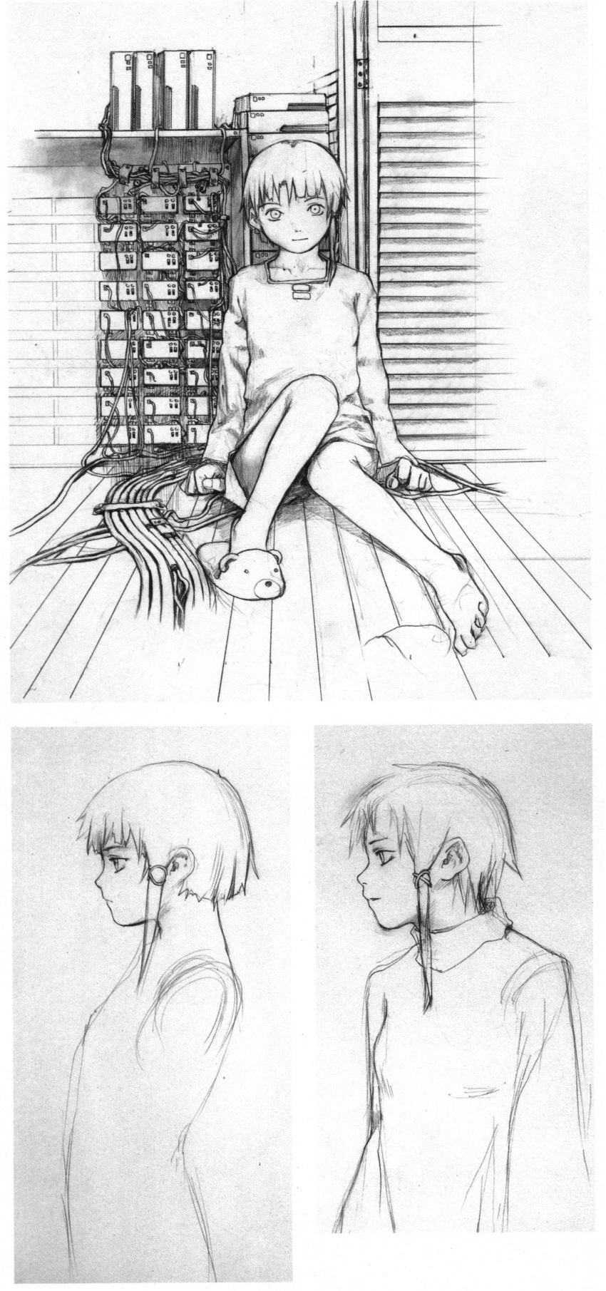 abe_yoshitoshi absurdres animal_slippers artbook cable computer dress highres iwakura_lain monochrome official_art profile scan serial_experiments_lain server short_hair sitting sketch slippers traditional_media yoshitoshi_abe