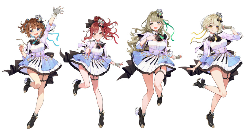 4girls :d absurdres arm_up black_footwear blue_eyes blue_hair boots breasts brown_eyes brown_hair commentary_request cropped_jacket crown dress fingerless_gloves frilled_dress frills gloves grey_gloves hair_ornament highres jacket kaname_mahiro long_sleeves marinasu_(kari) matching_outfit medium_breasts mini_crown multicolored_hair multiple_girls official_art one_side_up open_clothes open_jacket open_mouth otonoha_naho pleated_dress ponytail purple_jacket red_eyes redhead simple_background single_glove smile standing standing_on_one_leg star_(symbol) star_hair_ornament suzuna_subaru tilted_headwear touma_rin two-tone_hair upper_teeth white_background white_dress yuu_(higashi_no_penguin)