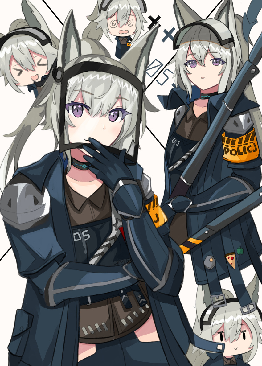 &gt;_&lt; 5girls :&gt; :d @_@ absurdres animal_ears arknights armband brown_shirt chibi commentary grani_(arknights) grey_hair highres holding holding_weapon horse_ears horse_girl huge_filesize infection_monitor_(arknights) jacket long_hair looking_at_viewer makotoyukiko multiple_girls multiple_persona open_clothes open_jacket open_mouth police police_uniform shirt smile solid_oval_eyes uniform upper_body violet_eyes visor_cap weapon white_background xd