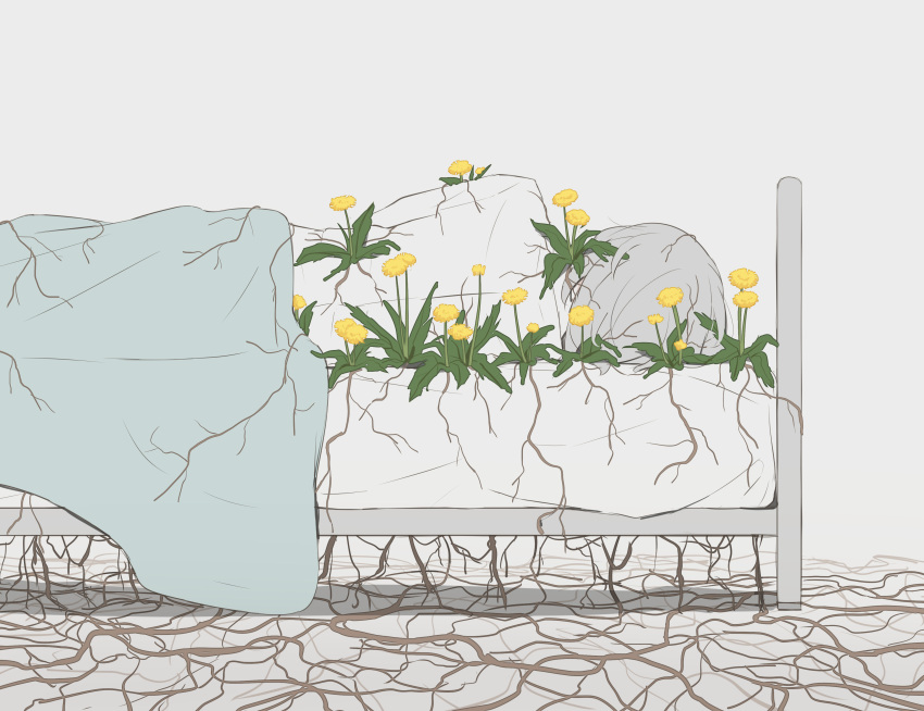 1other absurdres ambiguous_gender avogado6 bed bed_frame commentary_request flower from_behind grey_hair highres implied_death lying on_bed on_side original roots solo yellow_flower