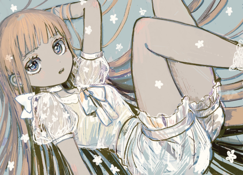 1girl arm_behind_head arm_support bangs blonde_hair blunt_bangs bobby_socks bow bow_choker eyelashes frilled_shorts frills hair_spread_out hand_in_hair highres hime_cut knee_up leg_up long_hair looking_at_viewer okanadamo open_mouth original reclining see-through_sleeves short_sleeves shorts socks solo very_long_hair white_bow