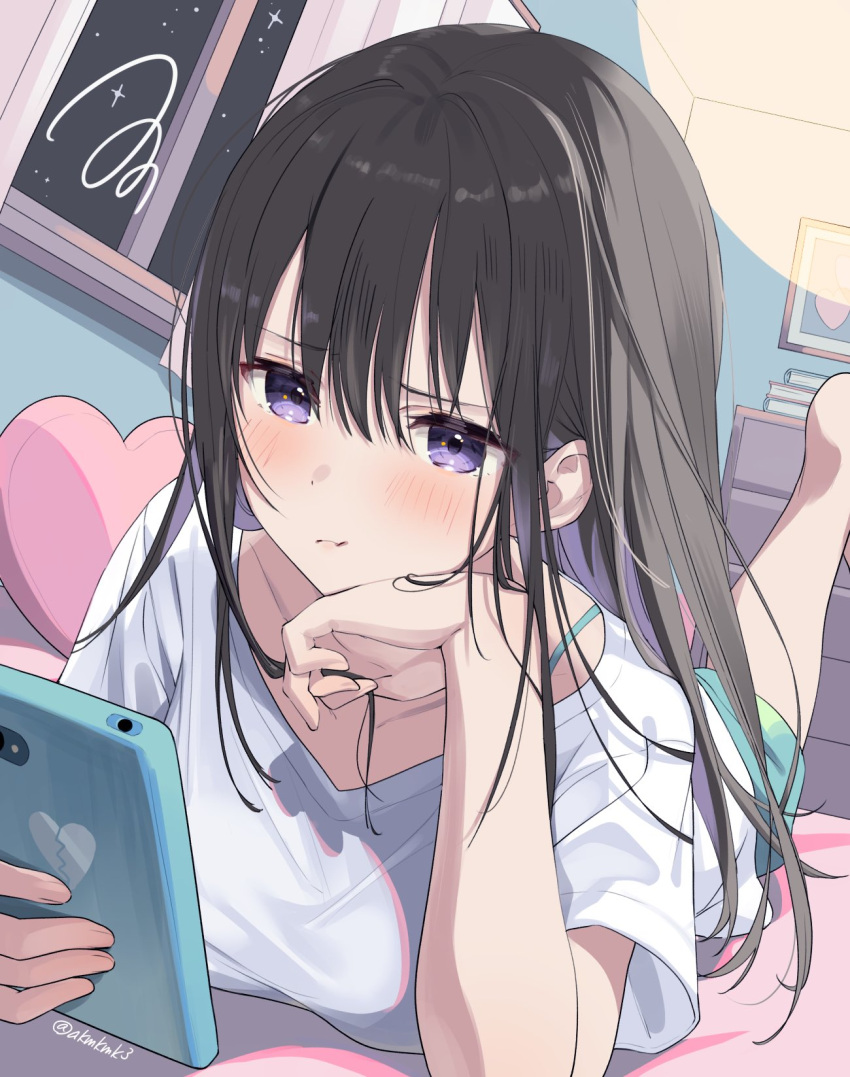 1girl bangs black_hair blush book book_stack bra bra_strap breasts broken_heart casual cellphone chest_of_drawers curtains frown green_bra green_shorts hair_between_eyes hand_on_own_face heart heart_pillow highres holding holding_hair holding_phone indoors long_hair lying medium_breasts multicolored_hair night night_sky on_bed on_stomach original phone picture_frame pillow pout purple_hair rokcha shirt short_shorts shorts sky smartphone star_(sky) twitter_username two-tone_hair underwear violet_eyes white_shirt window