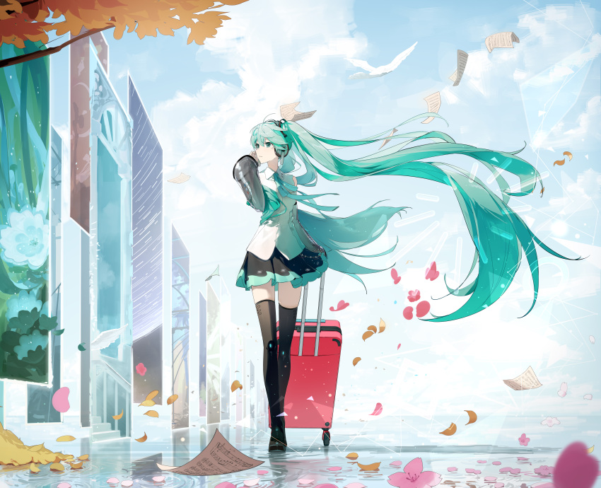1girl absurdres aqua_eyes aqua_hair aqua_neckwear autumn_leaves bare_shoulders bird black_legwear black_skirt black_sleeves chinese_commentary clouds commentary day detached_sleeves falling_petals floating_hair flower hair_ornament hand_up hatsune_miku hatsune_miku_(nt) headphones highres holding_luggage huge_filesize layered_sleeves long_hair luggage ly.t miniskirt neck_ribbon outdoors paper petals piapro pink_flower pleated_skirt ribbon see-through_sleeves sheet_music shirt skindentation skirt sleeveless sleeveless_shirt solo thigh-highs tree twintails very_long_hair vocaloid walking white_bird white_shirt wide_shot wind zettai_ryouiki