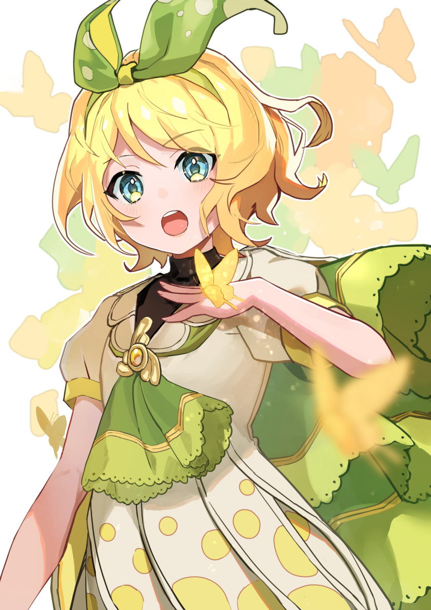 1girl aqua_eyes blonde_hair blurry blurry_foreground bow bug butterfly butterfly_background butterfly_on_hand commentary dress green_bow green_neckwear hair_bow hand_on_own_chest highres kagamine_rin looking_at_viewer magical_mirai_(vocaloid) medallion neckerchief open_mouth orange_butterfly polka_dot polka_dot_dress saz8720 short_hair short_sleeves silhouette solo upper_body vocaloid white_background white_dress yellow_butterfly