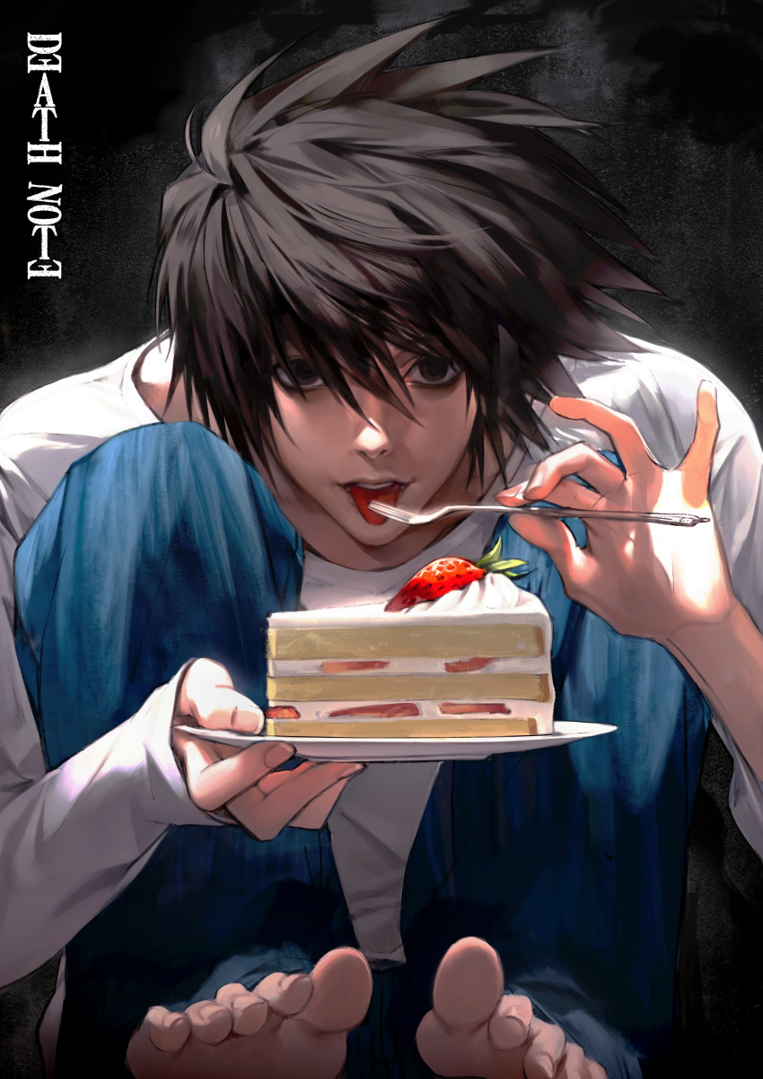 1boy absurdres bags_under_eyes bangs barefoot black_background black_eyes black_hair blue_pants cake cake_slice death_note feet fingernails food fork hair_between_eyes hair_over_eyes highres holding holding_fork holding_plate l_(death_note) licking long_sleeves looking_at_viewer medium_hair open_mouth pants plate shirt soles solo spiky_hair squatting strawberry_shortcake toenails toes tongue tongue_out upper_teeth white_shirt wzeck