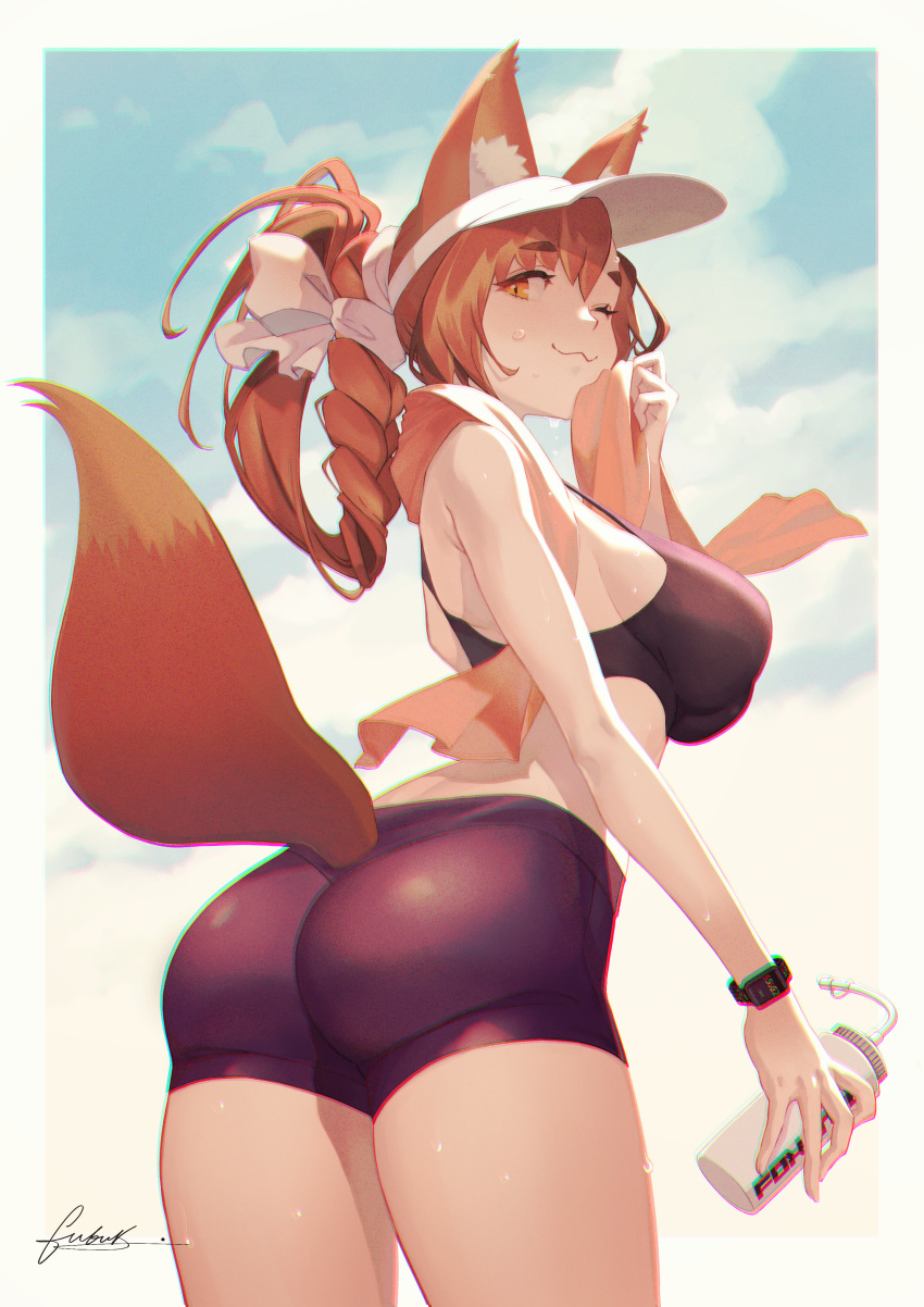 1girl :3 absurdres animal_ear_fluff animal_ears ass bangs black_shorts border bottle braid brown_hair closed_mouth commentary cowboy_shot english_commentary eyebrows_visible_through_hair fox_ears fox_tail from_behind fubuki_(fakemonkey0224) hand_up highres holding holding_bottle holding_towel huge_filesize long_hair looking_at_viewer orange_eyes orange_towel original outside_border short_shorts shorts signature solo sports_bra standing sweat tail thick_eyebrows tied_hair towel towel_around_neck visor_cap watch watch wiping_sweat